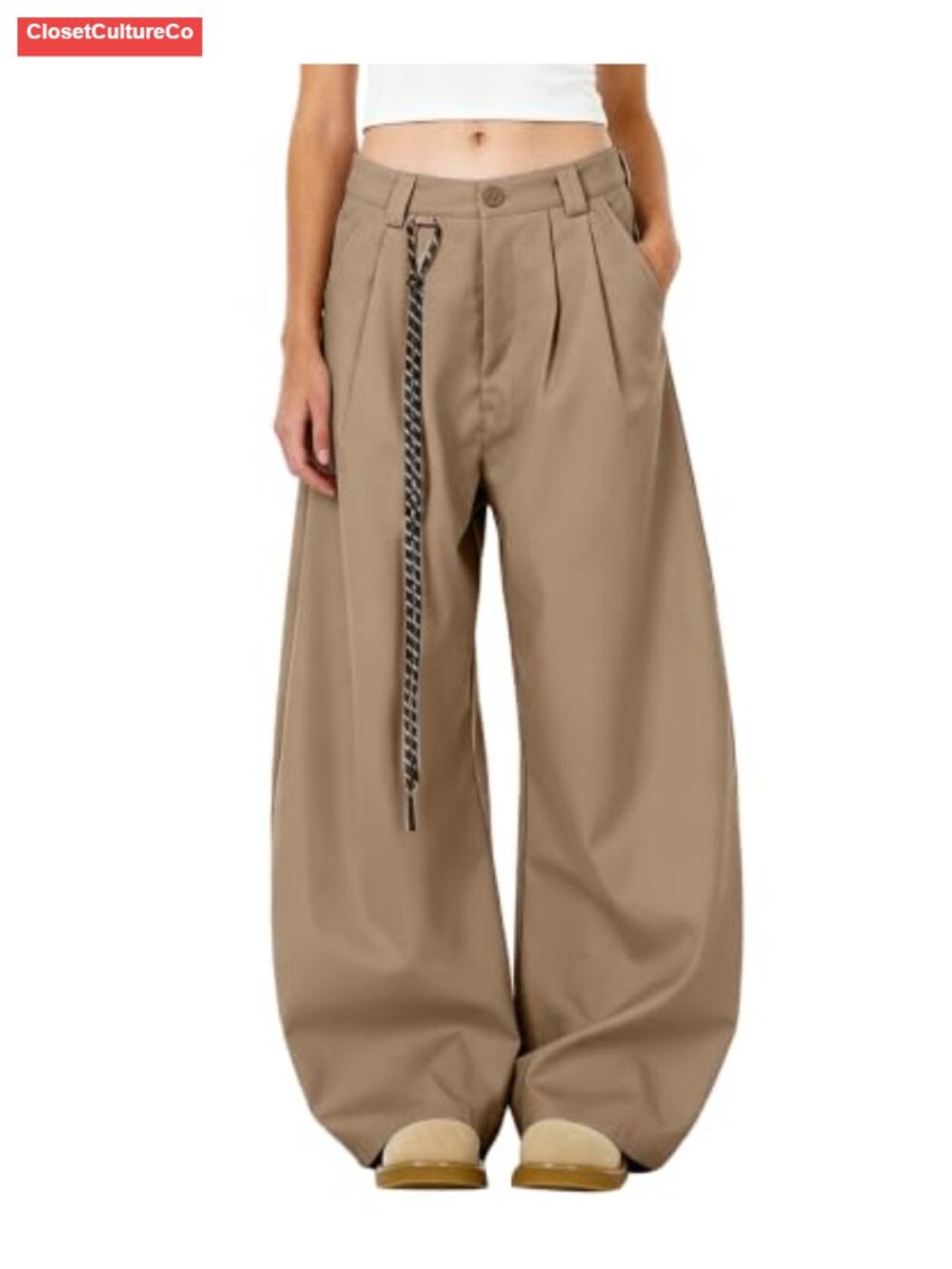 Mid Rise Barrel Leg Pants Pleated Loose Fit Wide Leg Casual Trousers